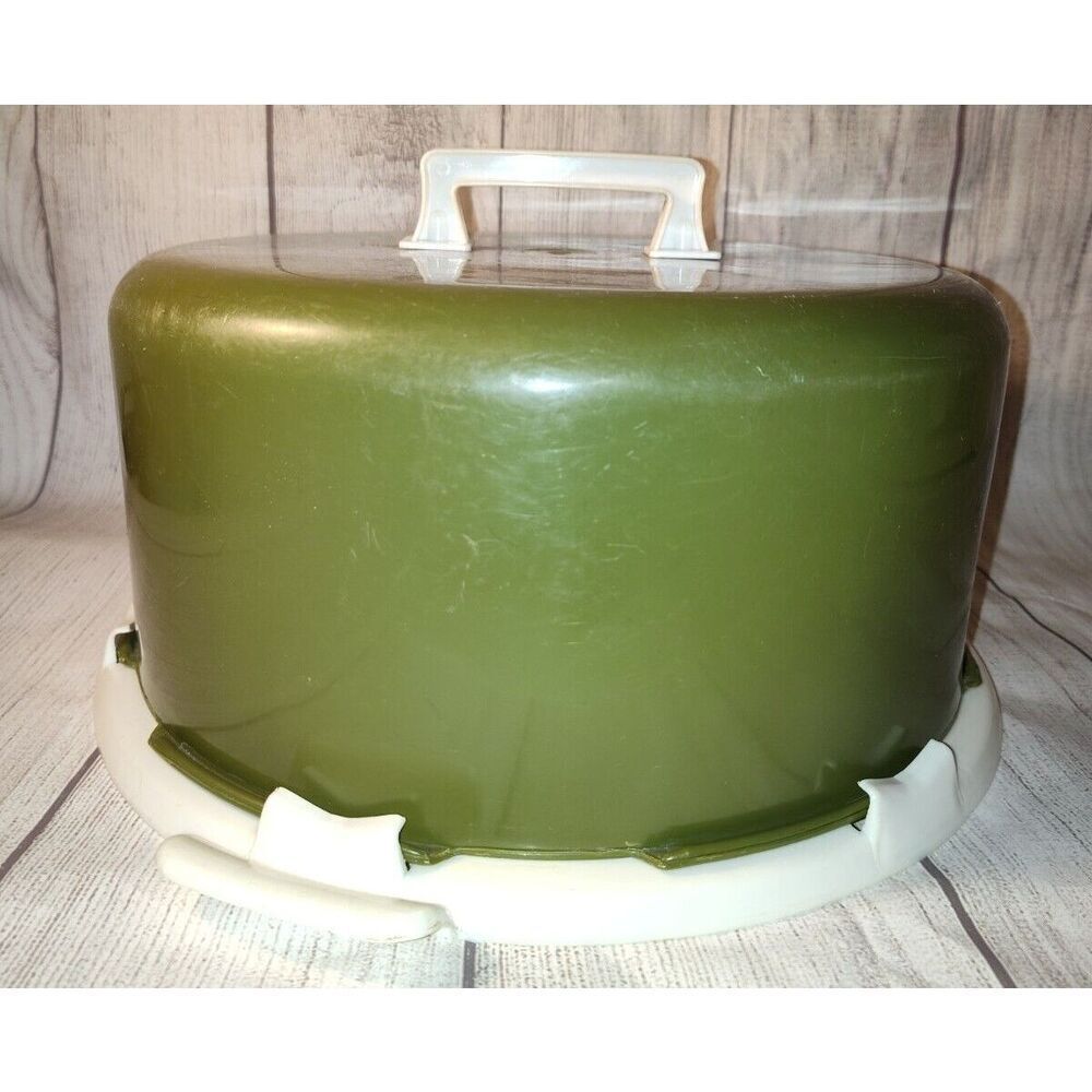 Vintage Avocado Green Cake Carrier/Holder w/handle - Base, Lid -Plastic